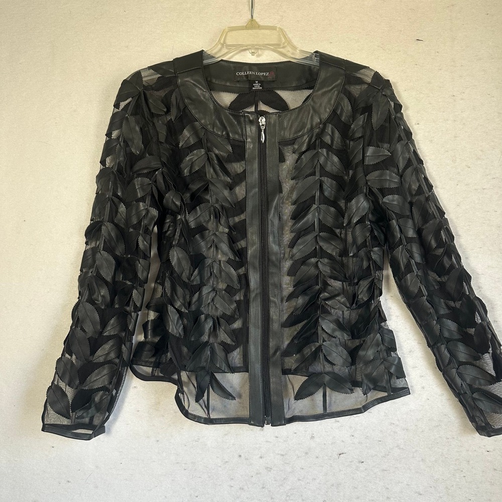 Colleen Lopez Black Faux Leather 3D Leaf Mesh Zip Front Jacket nature Womens M